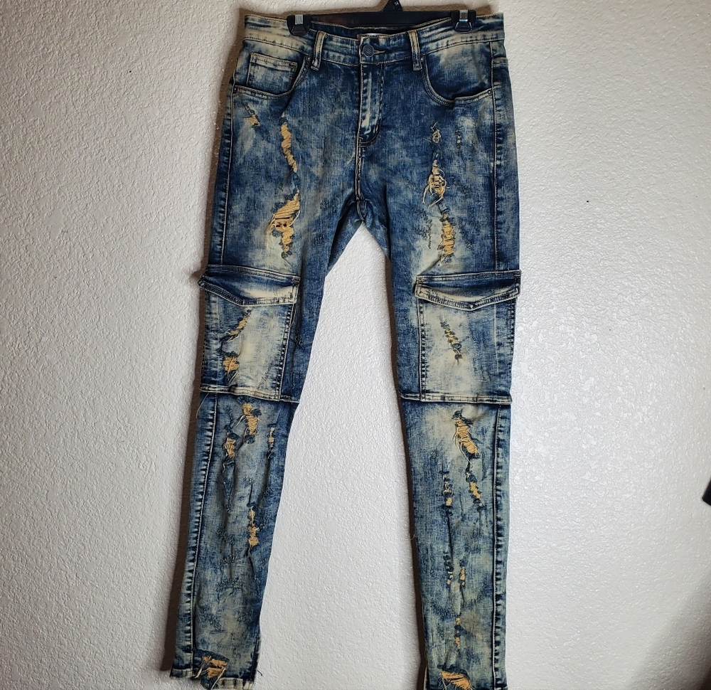 Mens Street Wear Grunge Embellish Denim Acid Wash Flap Pockets Front Rear 32"